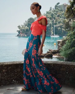 Sale Jupe Longe Martina Imprimée Bleu Communions Ou Baptêmes|Invité Mariage
