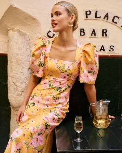 Best Sale Robe pipe jaune à imprimé floral Invité Mariage|Robes